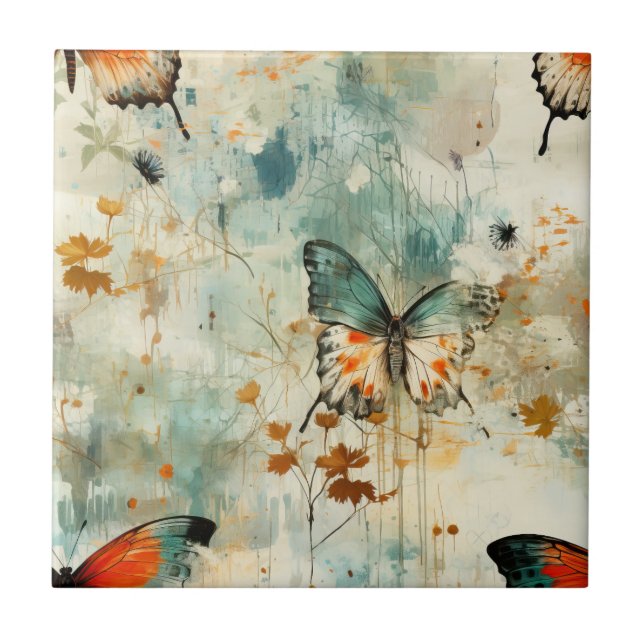 Boho Orange Teal Fjäril Vildblomma Målerisk Kakelplatta (Framsidan)