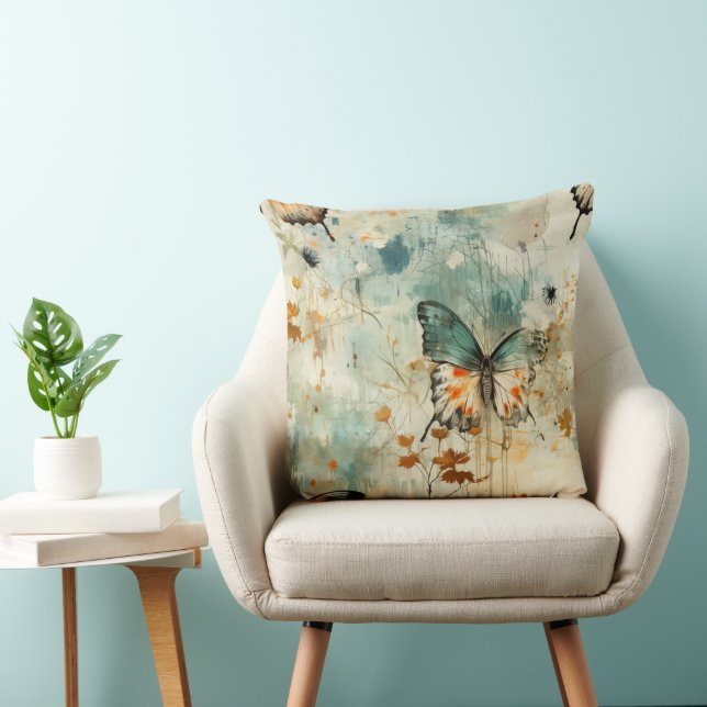 Boho Orange Teal Fjäril Wildflower Målerisk Kudde (Stol)