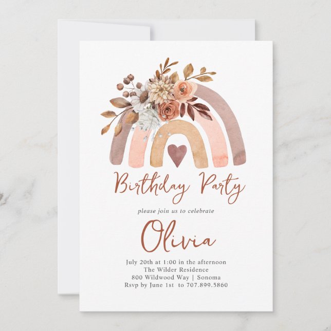 Boho Orange Terracotta Rainbow Girl's Birthday Inbjudningar (Framsida)