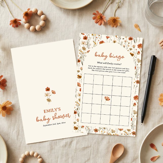 Boho Orange Vildblomma Baby Shower Bingo Spel (Bright and pretty orange wildflowers for the perfect baby shower theme.)