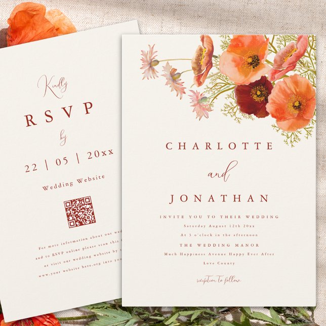 Boho Orange WildblommFall Wedding Inbjudningar (Boho wildflower fall wedding invitation with elegant script and website qr code)
