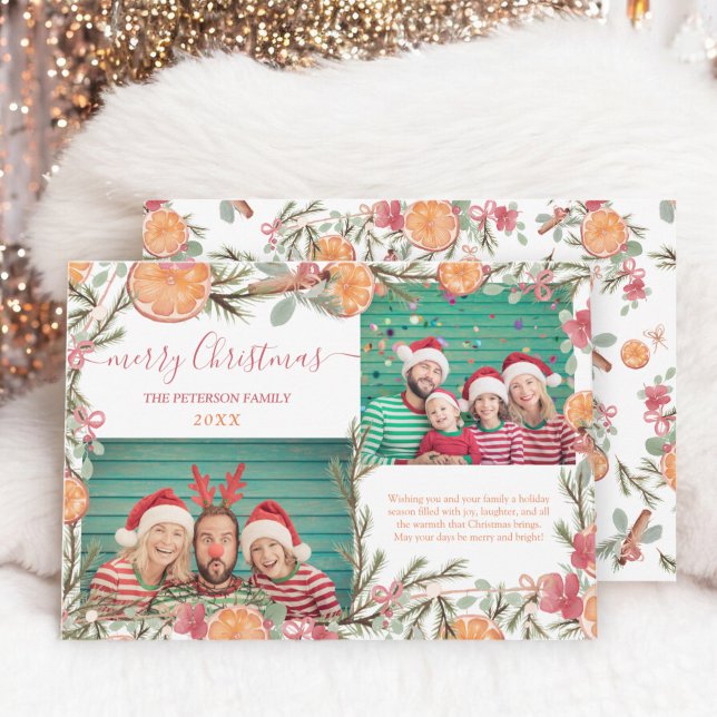 Boho Oranges gräs gren 2 foton God jul Julkort (Boho Oranges pine branch 2 photos Merry Christmas Holiday Card)