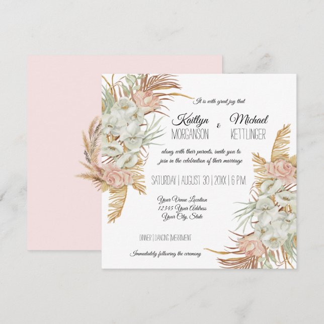 BOHO  Orchid Blommigt Pampas Grass Handflatan Foli Inbjudningar (Fram/baksida)