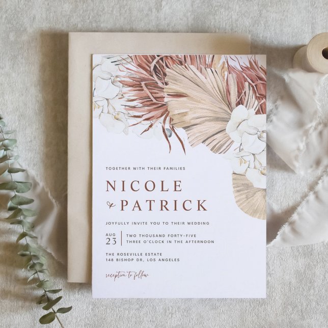 Boho Orkidéer och Torkade Palmblad Bröllop Inbjudningar (Boho Orchids and Dried Palm Leaves Wedding Invitation)