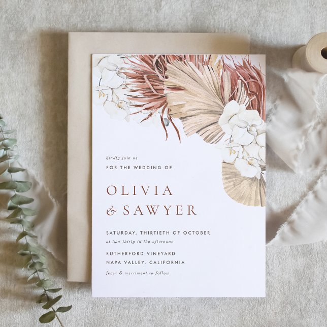 Boho Orkidéer och Torkade Palmblad QR-kod Bröllop Inbjudningar (This QR code wedding invitation is perfect for modern weddings with a natural or boho theme.)