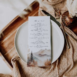 Boho Outdoor Mountain Bröllop Menu Meny<br><div class="desc">Det här är en temad bergmeny med en vacker bergscen med vattenfärg och en teckensnittskoppling för elegant. Alla formuleringar och de flesta typsnitt är redigerbara i den här russolrosdesignen. Det enda färg som inte är redigerbart är färgen av vattenfärgsbergsmönstret. // För matchande design, sök efter SAWYER i Sincerely By Nicole...</div>