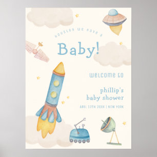 Boho Outer Space Raket Pojke Baby Shower Välkommen Poster