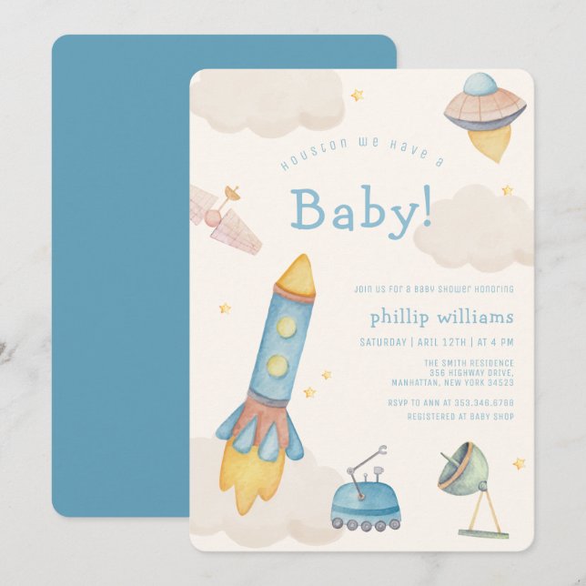 Boho Outer Space Spaceship Rocket Baby Shower Inbjudningar (Fram/baksida)