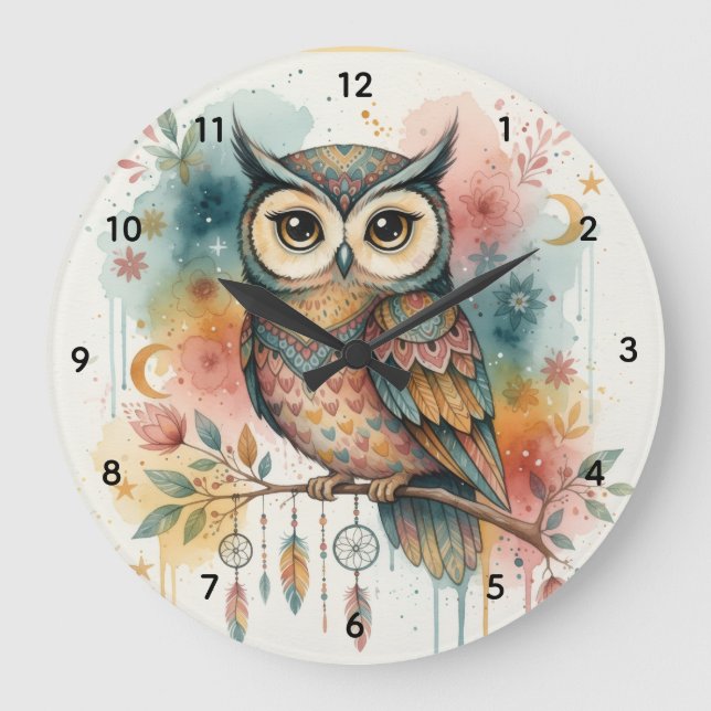 Boho Owl Large Wall Clock  Stor Klocka (Framsida)