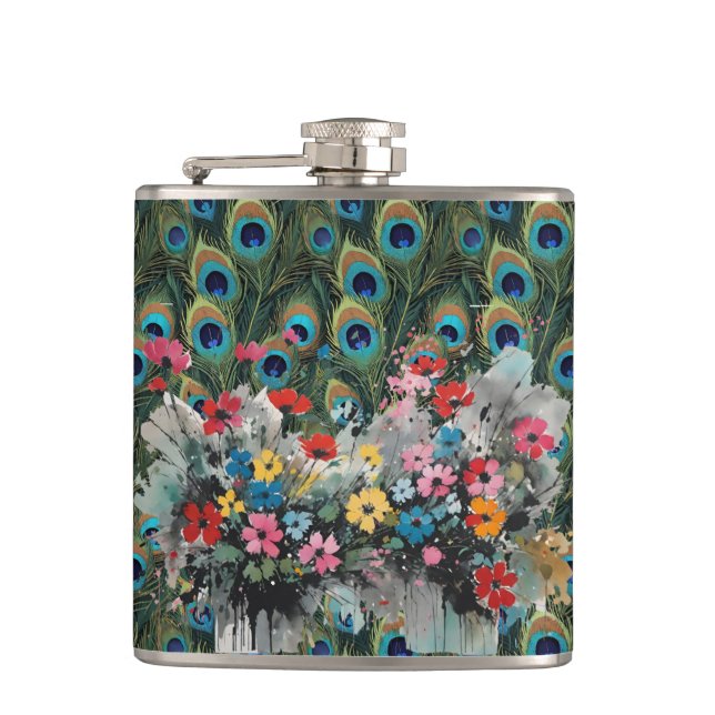 Boho påfågelsfjädrar och vilda blommor fickplunta (Framsidan)