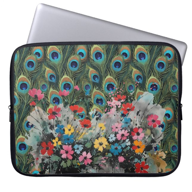 Boho påfågelsfjädrar och vilda blommor laptop fodral (Framsidan)