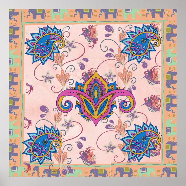 Boho paisley and elephant pattern_lmandala artwork poster (Framsidan)