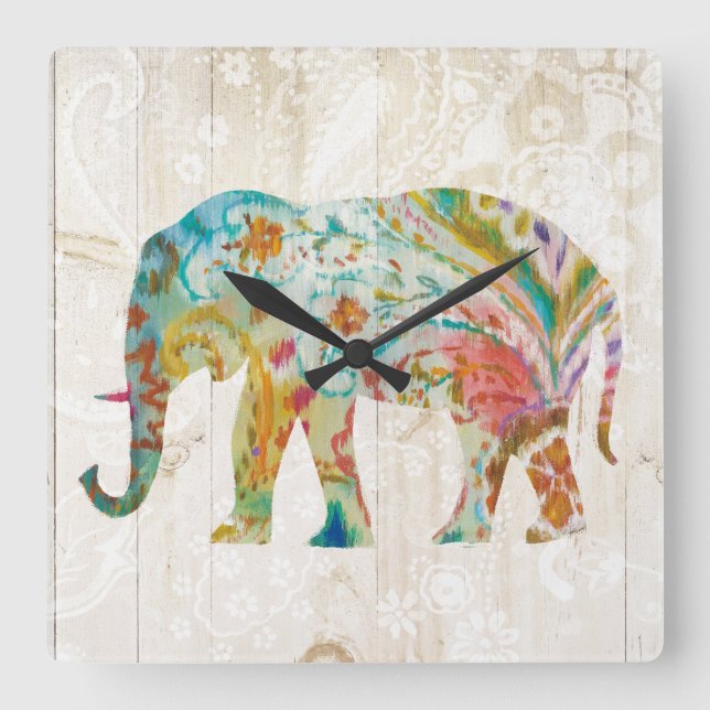 Boho Paisley elefant II Fyrkantig Klocka (Framsida)