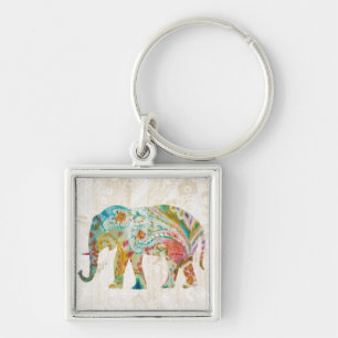 Boho Paisley elefant II Fyrkantig Silverfärgad Nyckelring