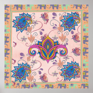 Boho paisley och elefantmönster_lmandala konstverk poster