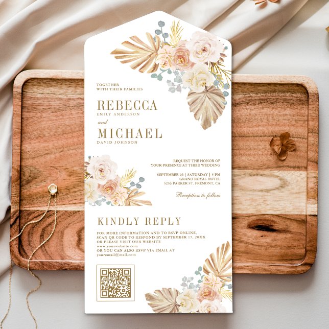 Boho Palm Dusty Earthy Blommig QR-kod Bröllop (Skapare uppladdad)