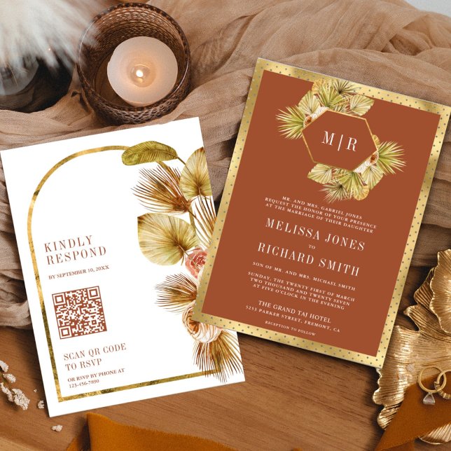 Boho Palm Jordnära Blommig Terrakotta QR-kod Bröll Inbjudningar (Skapare uppladdad)