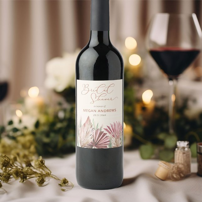 Boho Palm Torkad Tropisk Bröllopsdusch Vinflaska Etikett (Wine bottle labels from my Boho Palm Bridal Shower Collection)