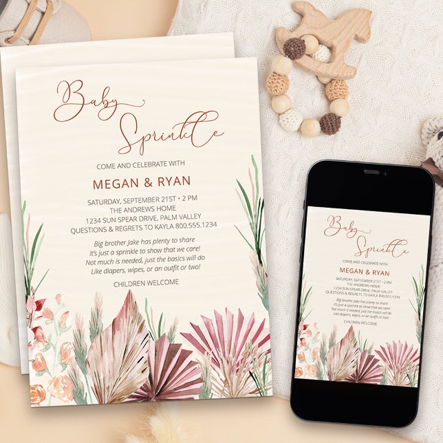 Boho Palm Torkat Lövverk Rustik Babyfirande Inbjudningar (Neutral and natural boho style baby sprinkle invitation with palms flowers and dried grass)