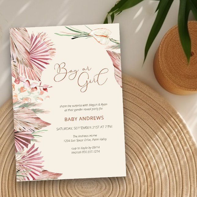 Boho Palm Torkat Tropiskt Lövverk Könsrevealj Inbjudningar (Neutral Gender Reveal Invitation with boho palm leaves)