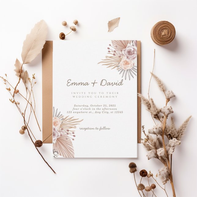 Boho Pampas and Blush Rose Wedding Invitation Inbjudningar (Skapare uppladdad)