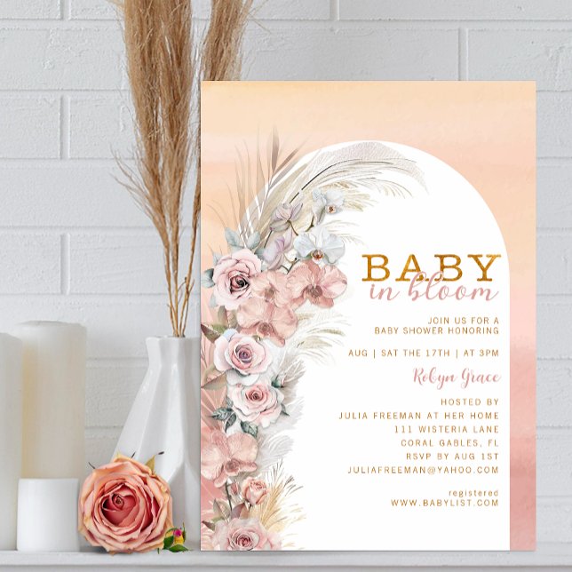 Boho  Pampas Baby i Bloom-inbjudan Inbjudningar (Beautiful Baby In Bloom Invitation)