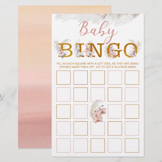 Boho Pampas Baby Shower Bingo Game Card (Fram/baksida)