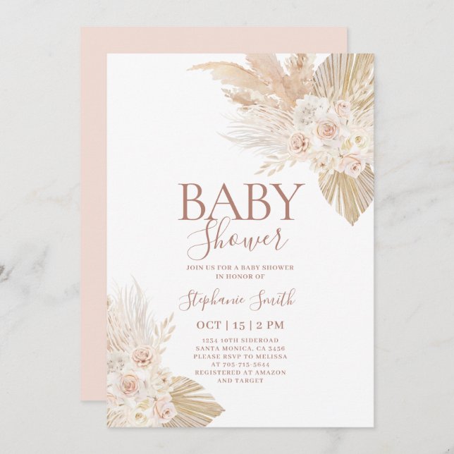Boho Pampas Baby Shower Girl-inbjudan Inbjudningar (Fram/baksida)