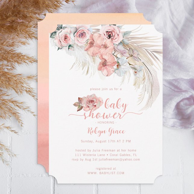 Boho Pampas Baby Shower Inbjudan  Blommigt (Boho Floral Baby Shower Invite)
