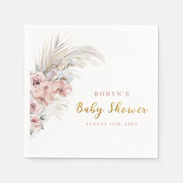 Boho Pampas Baby Shower Napkins Rosa Girl Pappersservett (Framsidan)