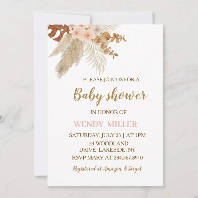 Boho Pampas Blommig Bebis Shower Inbjudningar (Framsida)