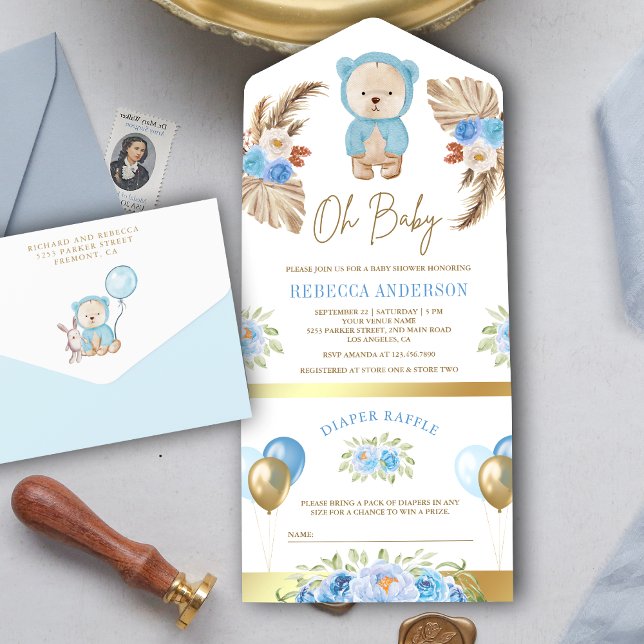 Boho Pampas Blommig Blå Teddybjörn Bebis Shower (Skapare uppladdad)