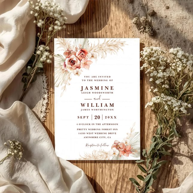 Boho Pampas Blommig Elegant Chic QR-kod Bröllop Inbjudningar (Skapare uppladdad)