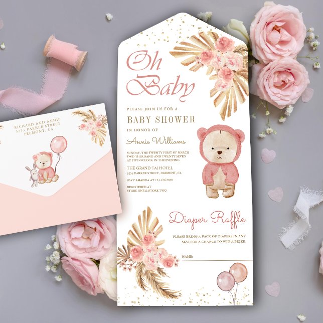 Boho Pampas Blommig Rosa Teddybjörn Bebis Shower (Skapare uppladdad)