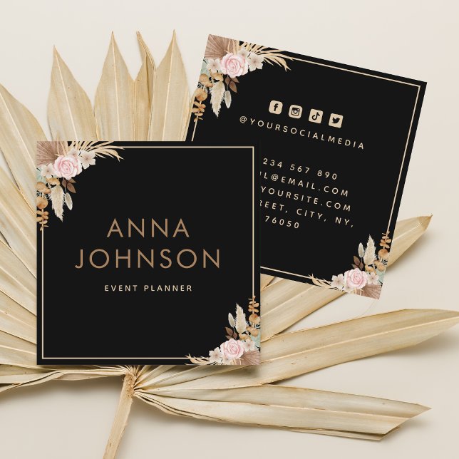 Boho Pampas Blommig Svart Fyrkantigt Visitkort (Skapare uppladdad)