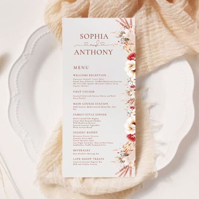  Boho Pampas Blommigt Dubbla Sided Bröllop Menu Meny (Skapare uppladdad)