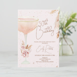 Boho Pampas Blommigt och Glass Birthday Inbjudningar