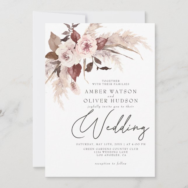 Boho Pampas Blommigt Watercolor Fall Winter Weddin Inbjudningar (Framsida)