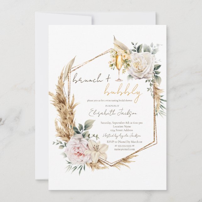 Boho Pampas Blommor Brunch & Bubbly Bröllopsdusch Inbjudningar (Framsida)