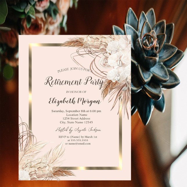 Boho Pampas Blommor,Champagneglas Pensionering Inbjudningar (Skapare uppladdad)
