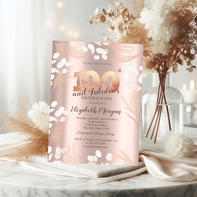 Boho Pampas Blommor Rose Guld 100-årsdag  Inbjudningar (Skapare uppladdad)