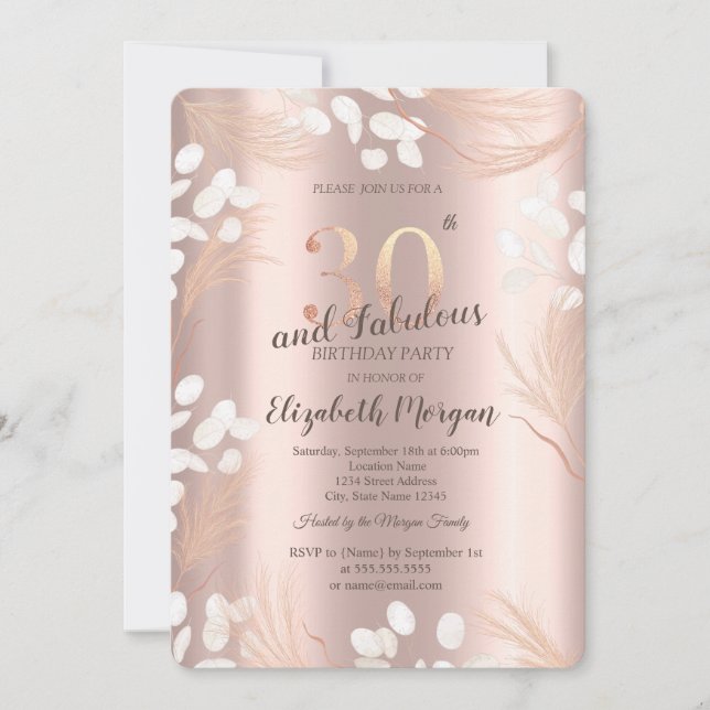 Boho Pampas Blommor Roséguld 30-års Födelsedag Inbjudningar (Framsida)