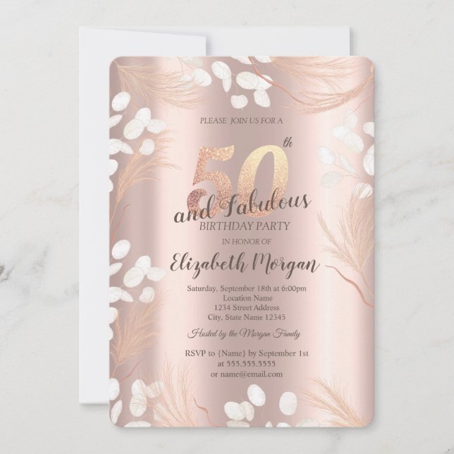 Boho Pampas Blommor Roséguld 50-års Födelsedag Inbjudningar (Framsida)