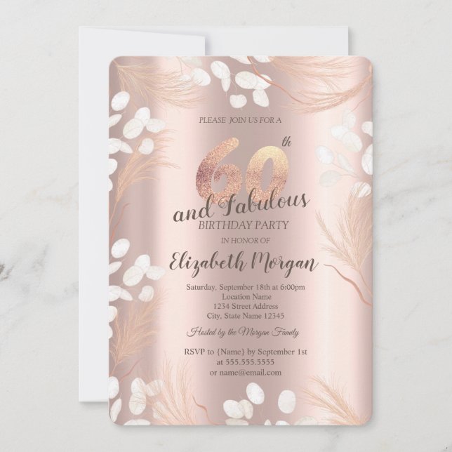 Boho Pampas Blommor Roséguld 60-års Födelsedag Inbjudningar (Framsida)