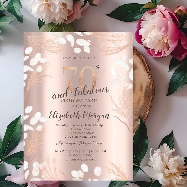 Boho Pampas Blommor Roséguld 70-årsdag Inbjudningar (Skapare uppladdad)