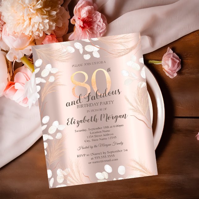 Boho Pampas Blommor Roséguld 80-årsdag Inbjudningar (Skapare uppladdad)