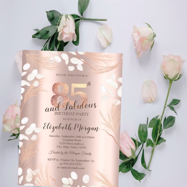 Boho Pampas Blommor Roséguld 85-årsdag Inbjudningar (Skapare uppladdad)