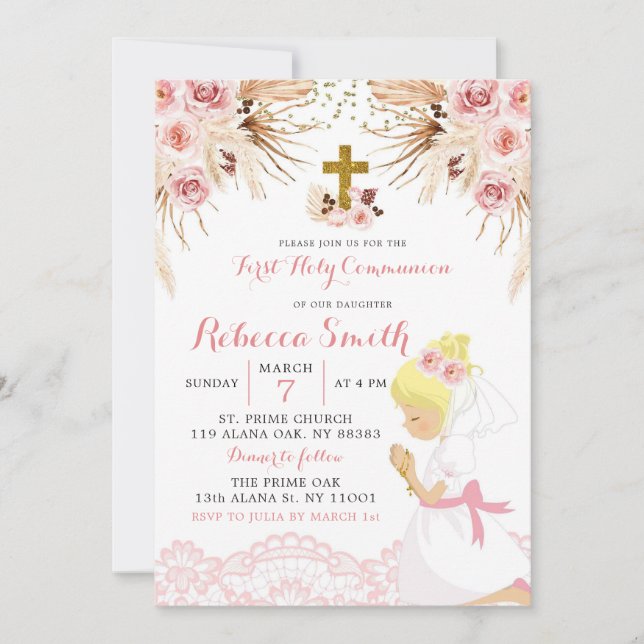 Boho Pampas Blonde Girl First Communion-inbjudan Inbjudningar (Framsida)