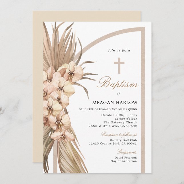Boho Pampas Bohemian Baptism Firande Inbjudningar (Fram/baksida)
