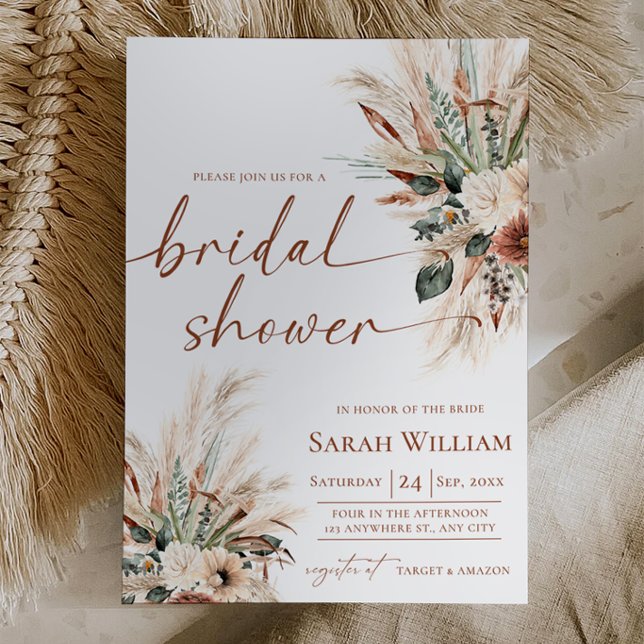 Boho Pampas Bröllopsdusch Inbjudan Rost Grönska (Pampas Grass Bridal Shower Invite Rust Greenery | Fall Boho Invitation Neutral Earthy Tones 5×7)